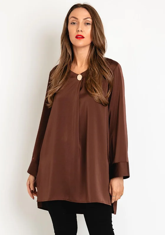 Serafina Collection Satin Blouse, Brown Casual Button Blouse
