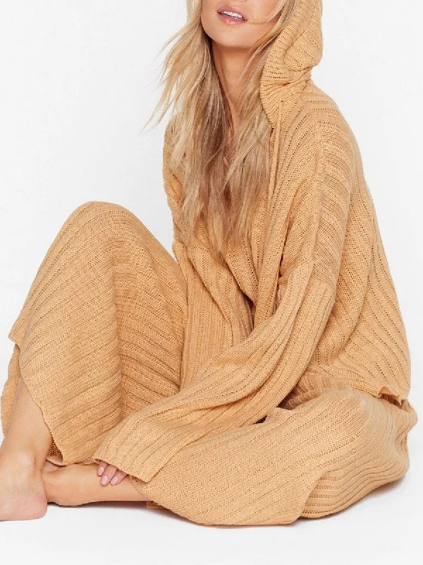 Solid Color Round Neck Knitted Hooded Top Pants Two-piece Suit Relaxed High-Waist Trousers Solid Color Round Neck Knitted Hooded Top Pants Two-piece Suit Relaxed High-Waist Trousers
