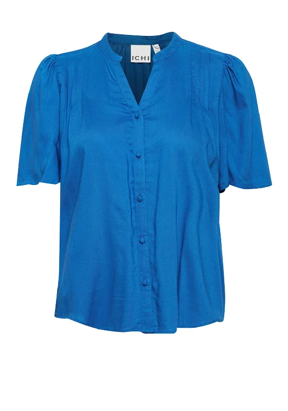 Ichi Nasreen Pleated Shoulder Blouse, Baleine Blue Sheer Mesh Blouse