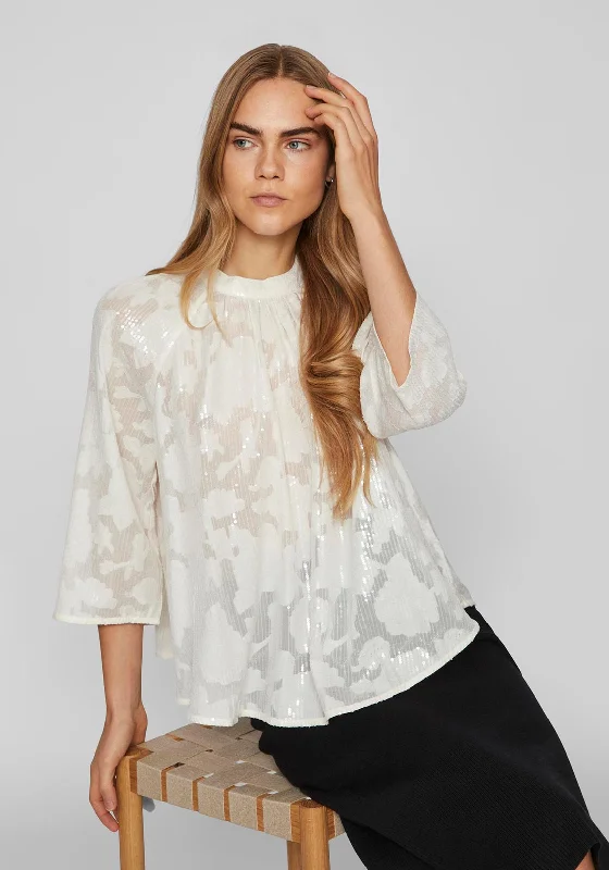 Vila Mika Floral Sequin Flowy Blouse, Cloud Dancer Soft Satin Blouse