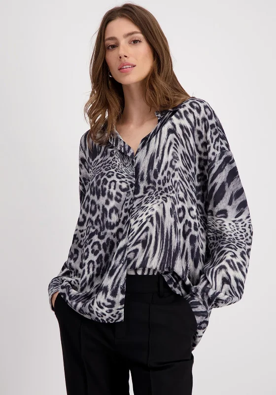 Monari Lightweight Leopard Print Blouse, Black Silky Draped Blouse