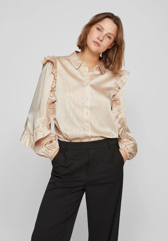 Vila Mile Satin Feel Frill Sleeve Blouse, Cement Airy Cotton Blouse
