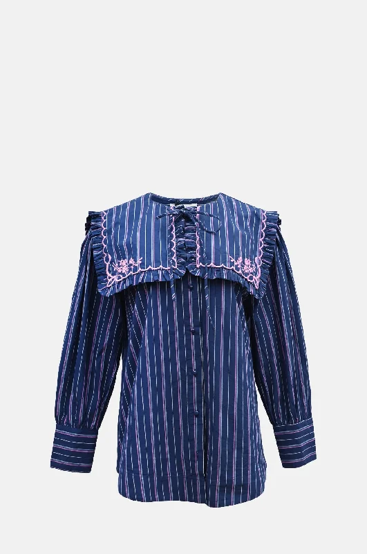 Nordine Blouse Navy Stipe Sheer Mesh Blouse