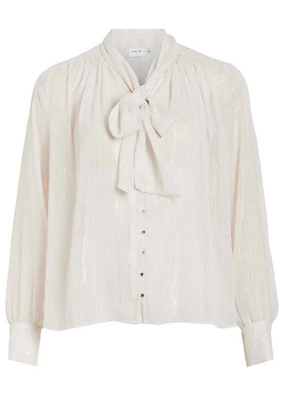 Vila Metallic Bow Tie Neck Blouse, Snow White Classic Striped Blouse