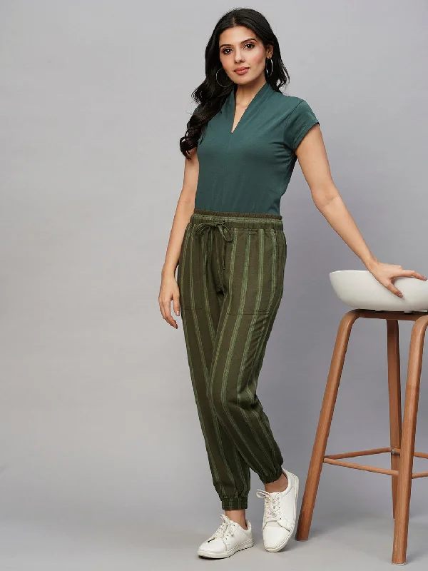 Women's Olive Viscose Linen Regular Fit Pant Slim-Fit Khaki Pants