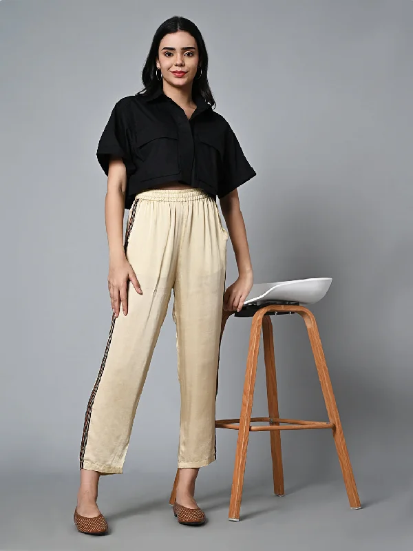 Women's Ajrak Hand Block Printed Regular Fit Modal Offwhite Pant Fashionable Button-Up Pants