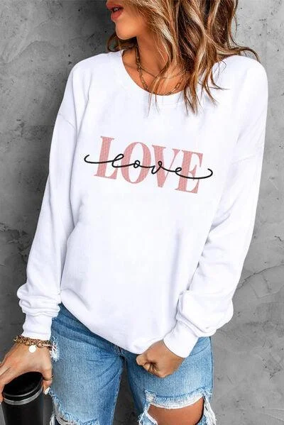 LOVE Round Neck Dropped Shoulder Sweatshirt Hoodie with Patch Decorative Personalized