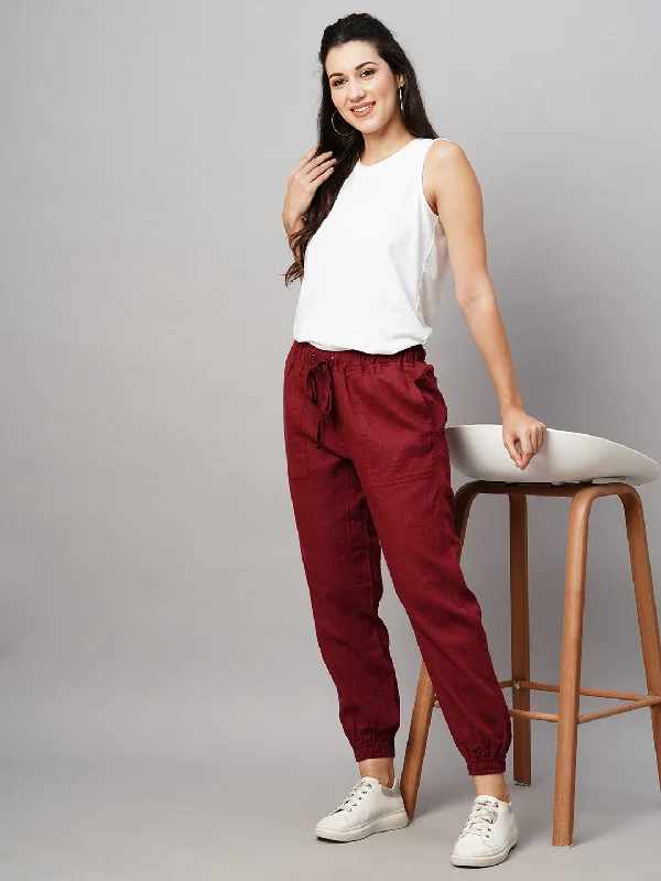 Women's Maroon/Red Linen Viscose Regular Fit Pant Relaxed Fit Trousers