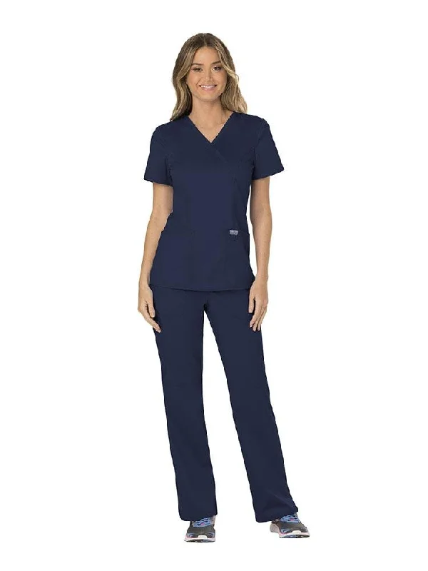 Revolution Women's Scrub Set Mock Wrap Top & Pull-on Pant | Navy Blue High-Waist Yoga Pants