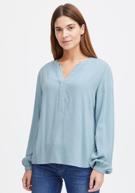 Fransa Haida Waffle Textured Pattern Blouse, Endless Sky Satin Bow Blouse