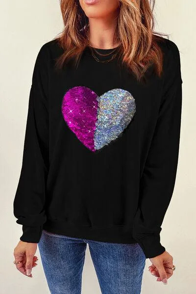 Heart Sequin Round Neck Dropped Shoulder Sweatshirt Hoodie with Zipper Versatile Modern