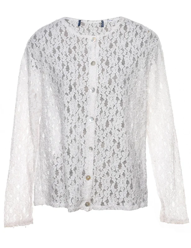 Lace White Sheer Evening Blouse - L Textured Cotton Blouse