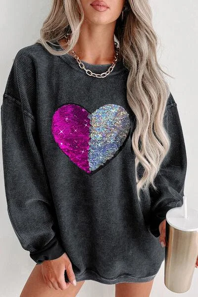 Heart Sequin Round Neck Sweatshirt Hoodie with Pastel Soft Subtle