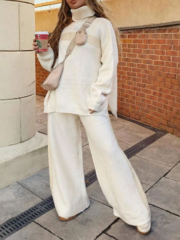 Loose Casual Turtleneck Long Sleeve Top Wide Leg Pants Knitted Suit Relaxed Lounge Trousers