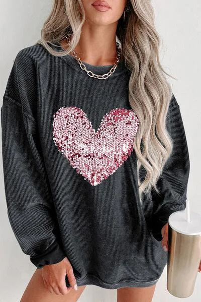 Heart Sequin Round Neck Sweatshirt Hoodie with Drop Shoulder Relaxed Streetwear