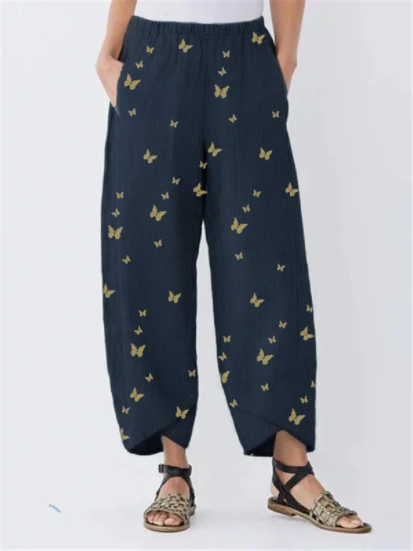 Butterflies Print Irregular Elastic Waist Pants For Women Fashionable Tapered Leg Pants