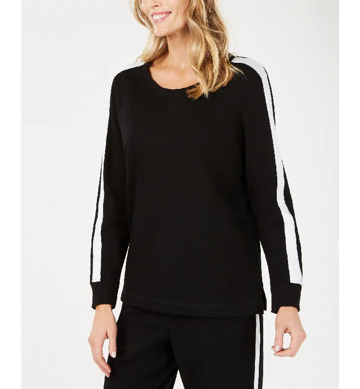 Karen Scott Striped Sleeve French Terry Sweatshirt Hoodie with Hem Embroidery Detailed Premium Karen Scott Striped Sleeve French Terry Sweatshirt Hoodie with Hem Embroidery Detailed Premium