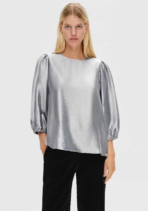 Selected Femme Silva Puff Sleeve Blouse, Silver Semi-Sheer Blouse