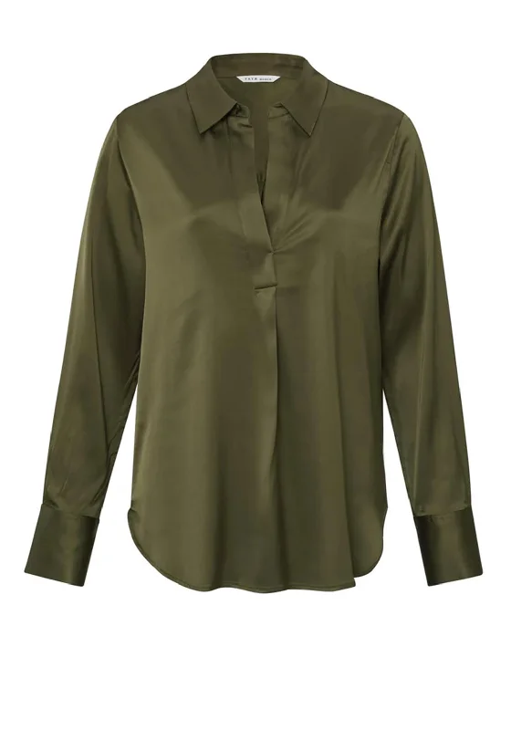YAYA V-Neck Satin Blouse, Dark Army Green Lightweight Linen Blouse
