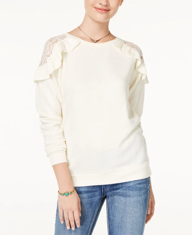 Self Esteem Juniors Ruffled Lace Trim Cold Shoulder Sweatshirt Hoodie with Ribbed Cuffs Snug Fit Comfort