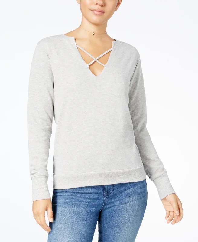 Almost Famous Juniors Strappy Front Sweatshirt Hoodie with Puffed Sleeves Voluminous Trendy