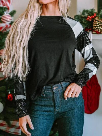 Plaid Sequin Long Sleeve Round Neck Sweatshirt Hoodie with V-Neck Classic Versatile