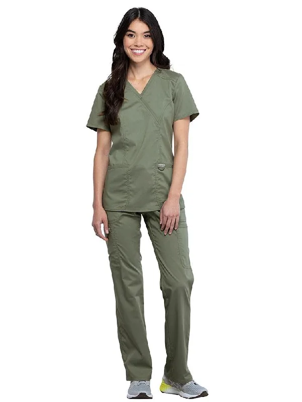 Revolution Women's Scrub Set Mock Wrap Top & Tall Pants | Olive Trendy Wide-Leg Pants