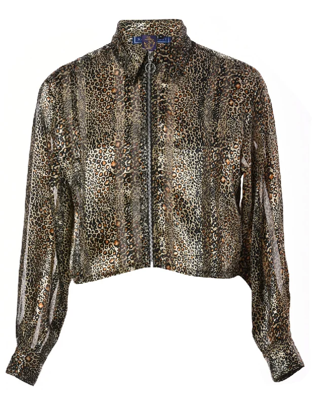 Label Zip Front Cropped Blouse Stretchy Fitted Blouse