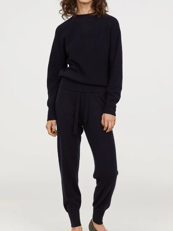 Solid Knit Round Neck Top Pants Two Piece Suit Elegant Palazzo Trousers