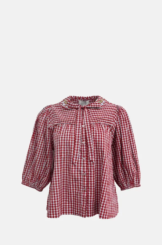 Mila Blouse Cherry Gingham Drape Neck Blouse