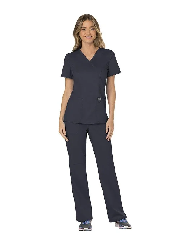 Revolution Women's Scrub Set Mock Wrap Top & Petite Pants | Pewter Stylish Paperbag Waist Pants Revolution Women's Scrub Set Mock Wrap Top & Petite Pants | Pewter Stylish Paperbag Waist Pants