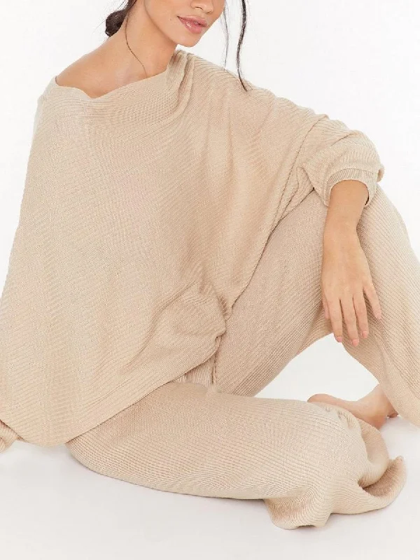Solid Color Round Neck Knitted Bat Sleeve Top Pants Two-piece Suit Modern Stretch Trousers Solid Color Round Neck Knitted Bat Sleeve Top Pants Two-piece Suit Modern Stretch Trousers