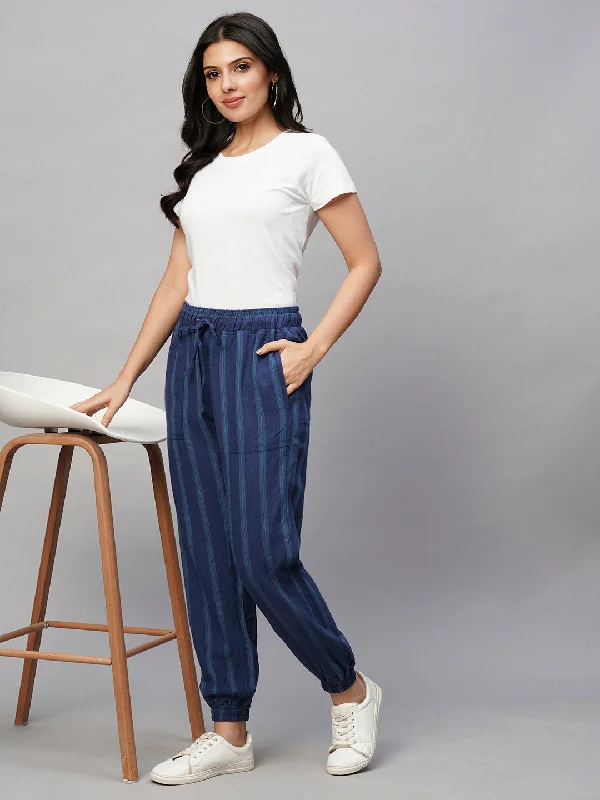 Women's Blue Viscose Linen Regular Fit Pant Fashionable Jogger Pants