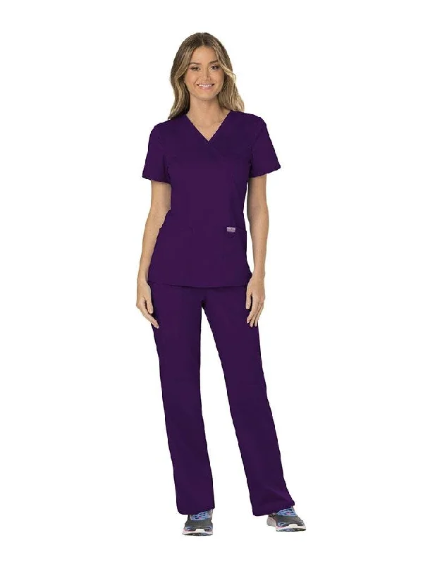 Revolution Women's Scrub Set Mock Wrap Top & Tall Pants | Eggplant Elegant Dress Pants
