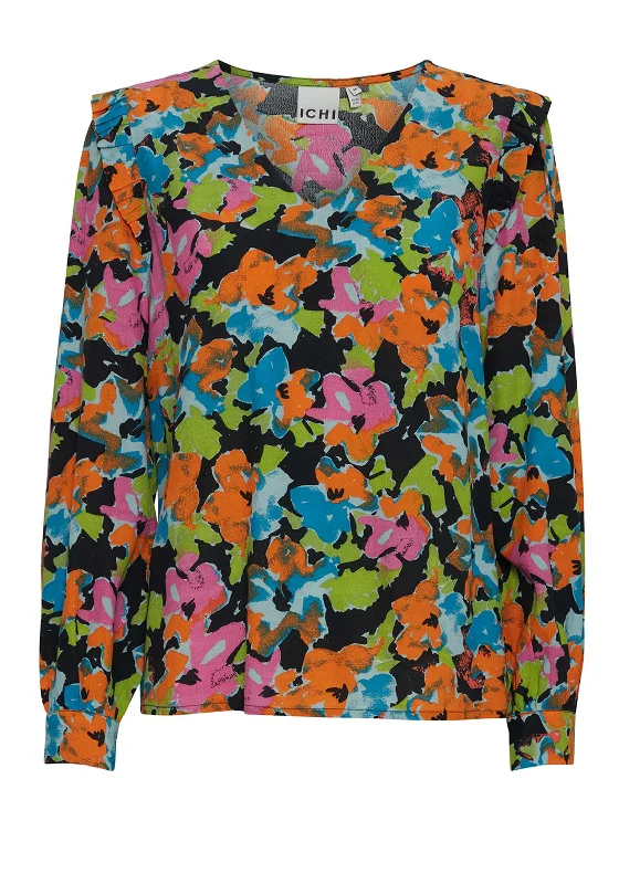 Ichi Ganava Frill Shoulder Vibrant Print Blouse, Multi Boho Printed Blouse