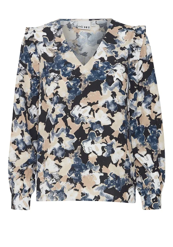 Ichi Ganava Frill Shoulder Print Blouse, Total Eclipse Satin Long Blouse