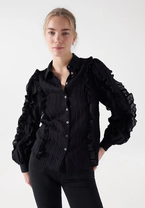 Salsa Ruffled Balloon Sleeve Blouse, Black Lightweight Linen Blouse