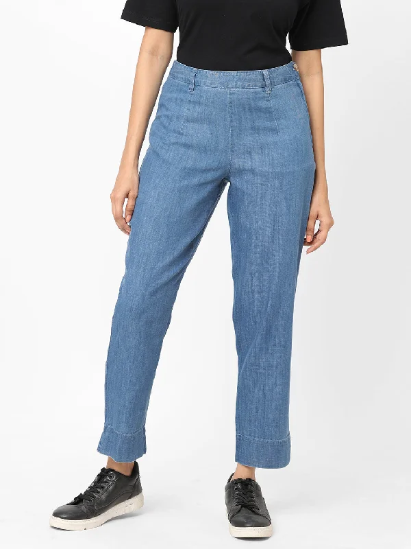 Women's Denim Blue Cotton Viscose Regular Fit Pant High-Waist Trousers