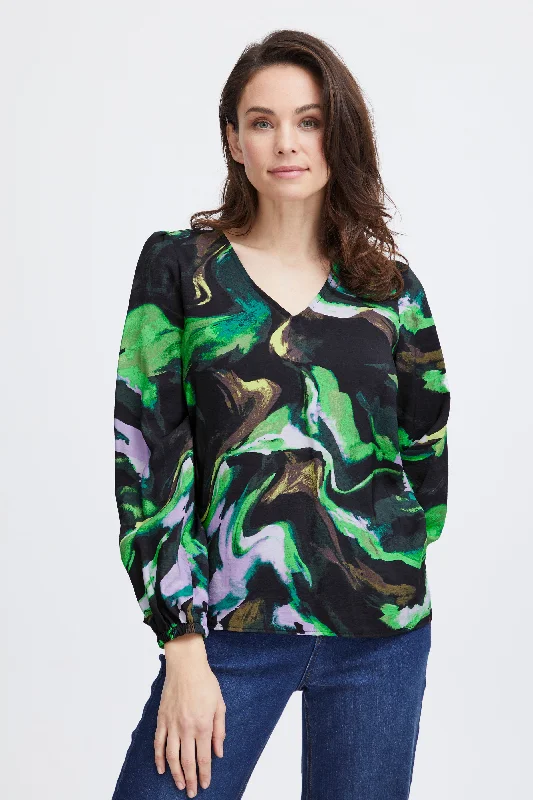 Fransa Gila Marble Print Blouse, Green Embellished Collar Blouse