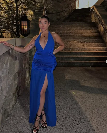 Sexy Royal Blue Halter Slit Satin Prom Dress Party Gown cc2335