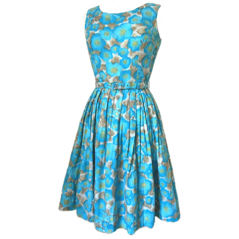 Blue floral vintage 1950s polycotton belted day dress