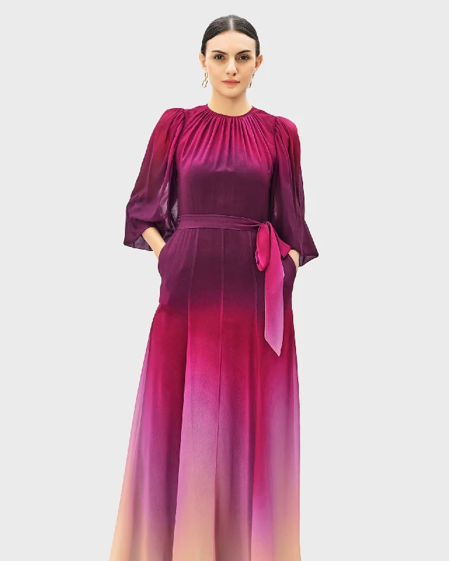 Ombre print georgette sash tie dress | Wine