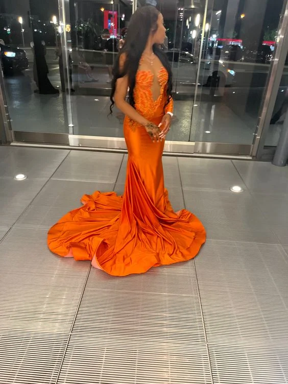 Orange prom dress,mermaid prom gown, junior prom dress cc1187