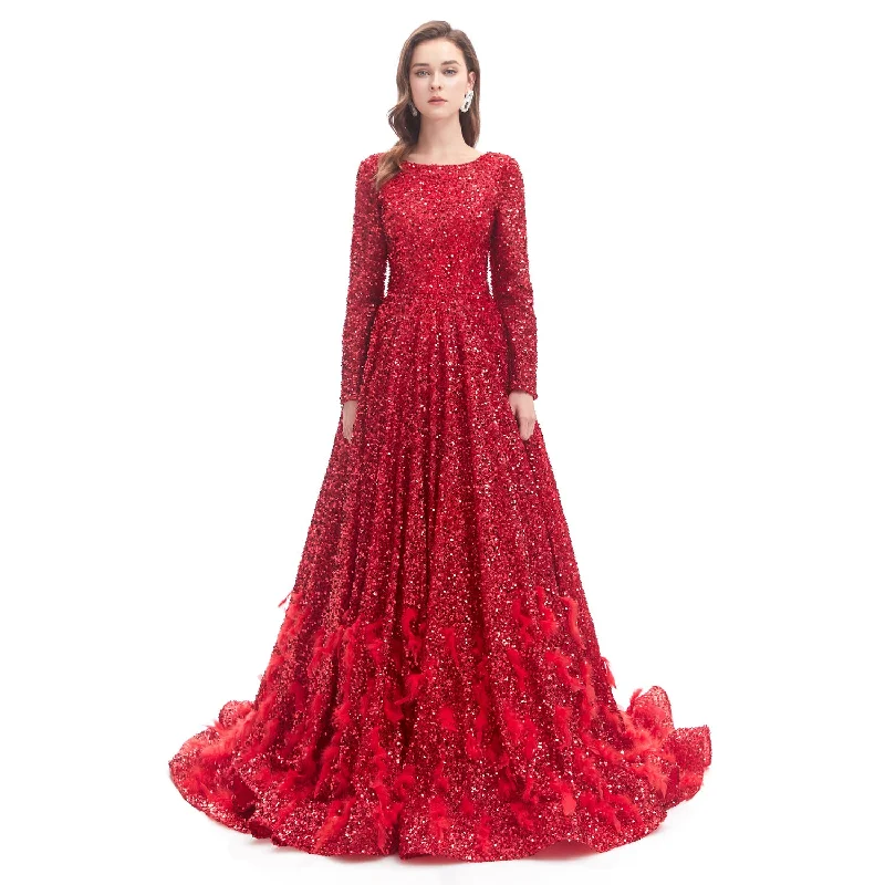 Modest Red Sequins Ball Gown Formal Dress EN4606