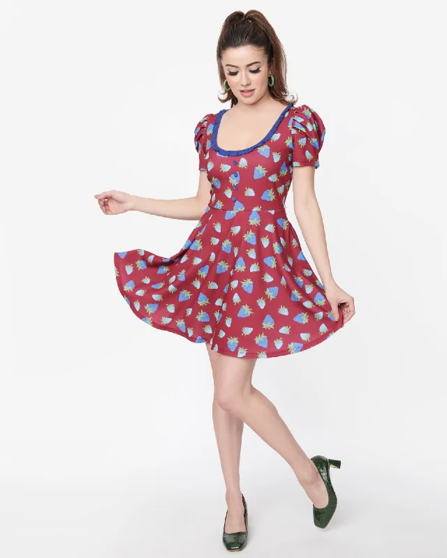 Smak Parlour Burgundy & Blue Strawberry Group Chat Flare Dress | Burgundy & Blue Strawberries