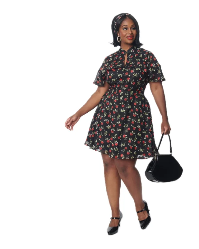 Unique Vintage Black & Red Rose Capulet Fit & Flare Dress | black & red roses