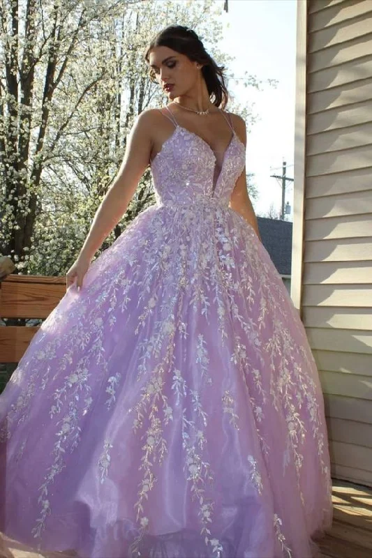 Elegant Straps Lace Appliques Lavender Prom Dress C2441