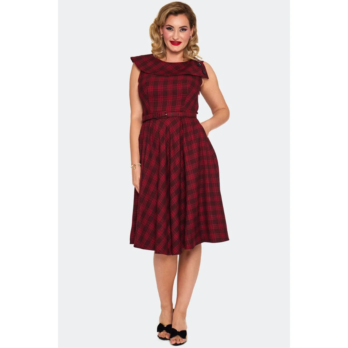 Red Check Tartan Round Neck 60s Flare Dress