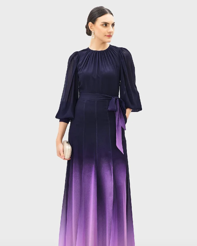 Ombre print georgette sash tie dress | Purple