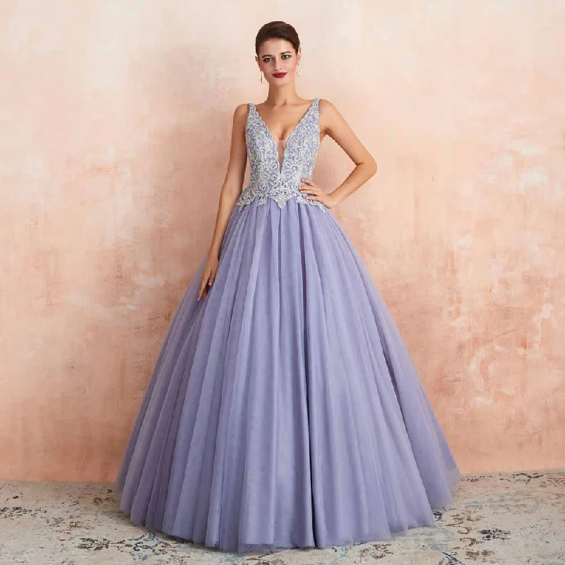 Gray Lace Ball Gown Formal Evening Prom Dress EN3408